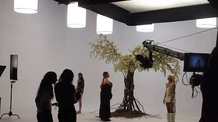 on set for Kim Shui's 2024 Fall Winter campaign with crane