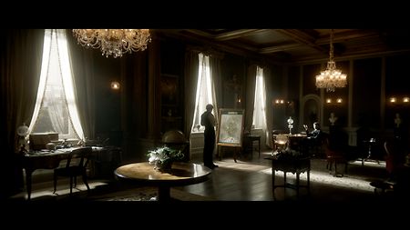 A very contrasty style, with harsh sunlight cutting through an otherwise dark room, was adopted to underline the importance of a discussion between brothers Arthur and Edward Guinness.